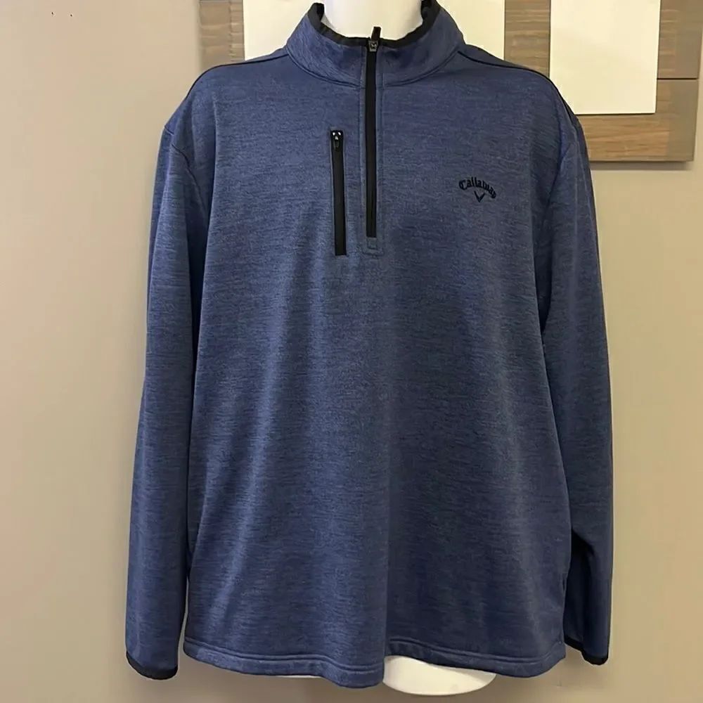 Callaway Heather Blue Zip Up w/ Pockets Fleece Interior Mock Neck Pullover-XL